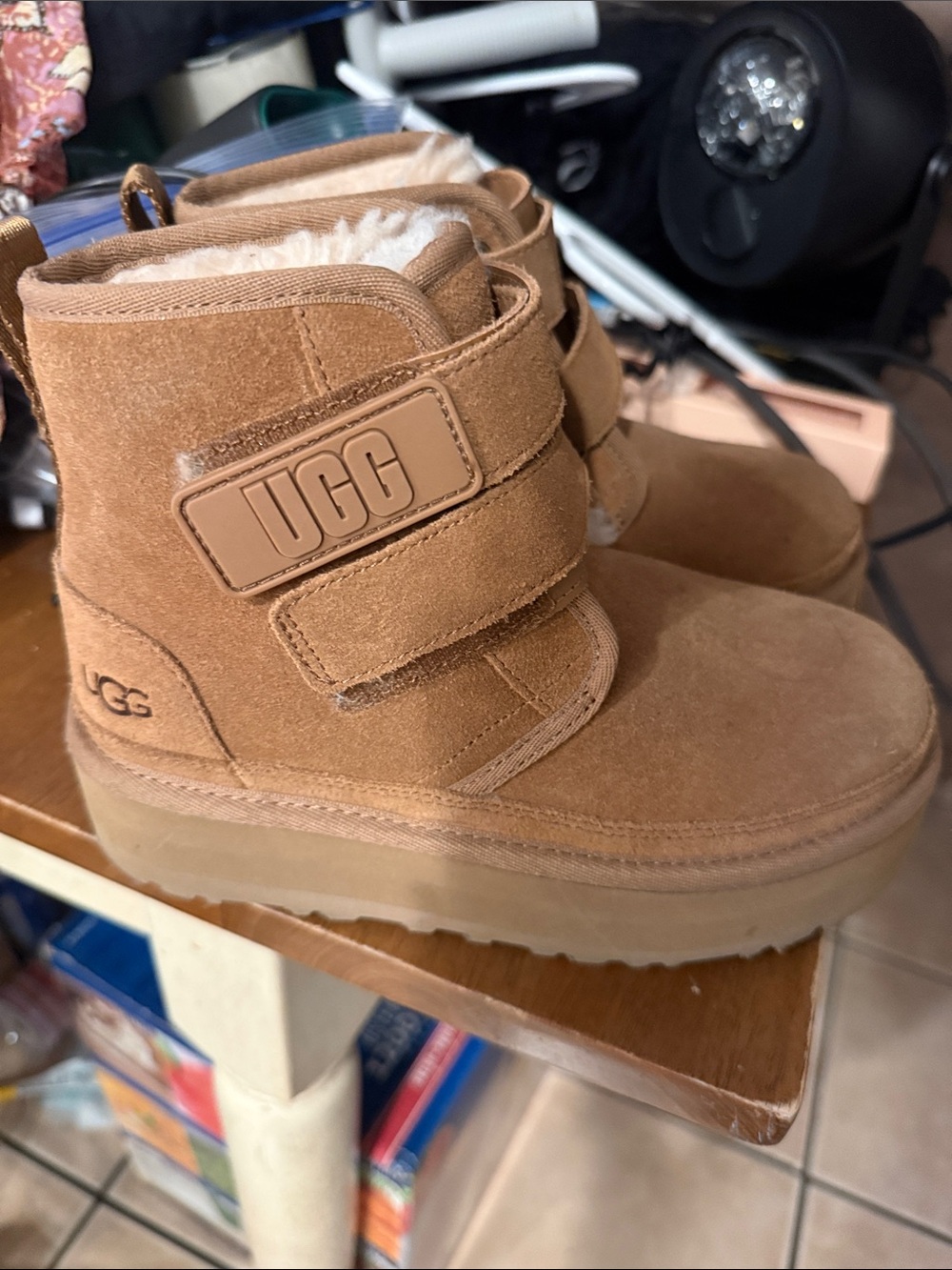 UGG Kids Tan Suede Velcro Snow Boots